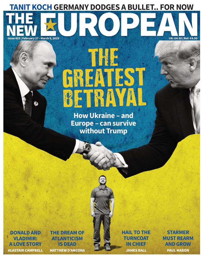 A picture of Trump and Putin shaking hands with the words THE GREATEST BETRAYAL between them. Zelenskyy is pictured underneath looking up at the handshake. The front page is split by the colours of the Ukraine flag