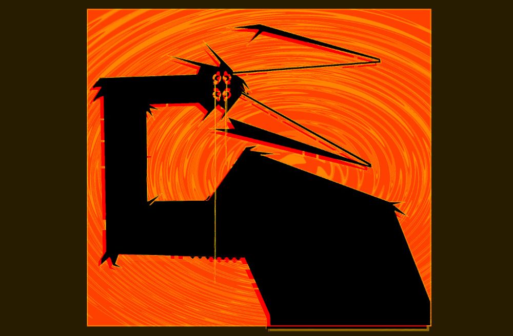 More abstract drawing of my oc fenrir's silhouette against a yellow and red spiral background