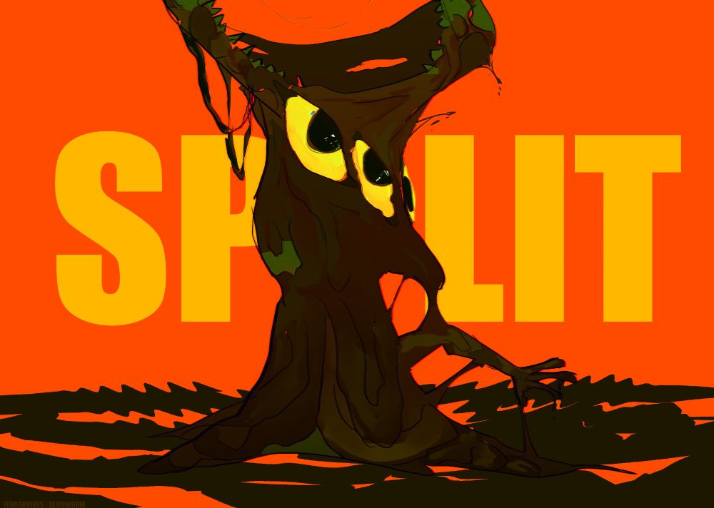 Vaguely tree shaped monstrosity against a red background. Behind it is yellow text that says "split"