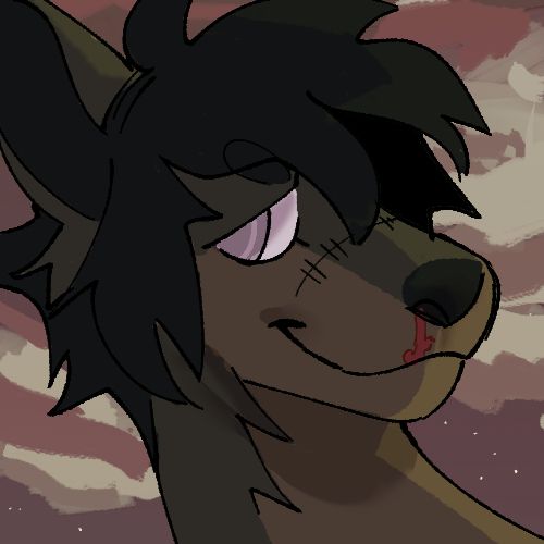 A dark green dog character against a vaguely pink sky themed background