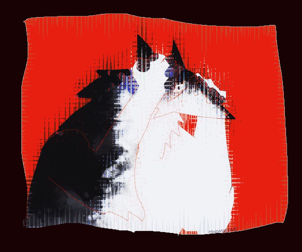Black and white vaguely canine figure grabbing its head in fear. Bright red background. Is distorted.