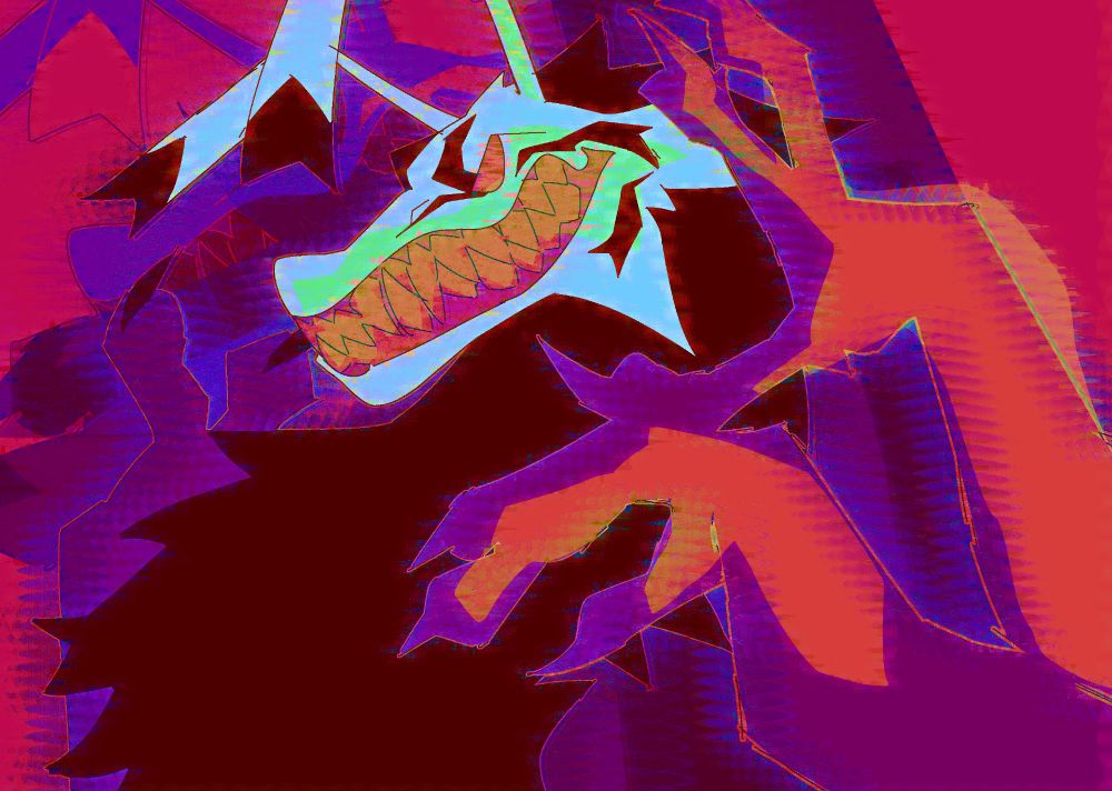 A very colorful drawing of orange and purple of aforementioned oc, Fenrir. Has a bright pink background