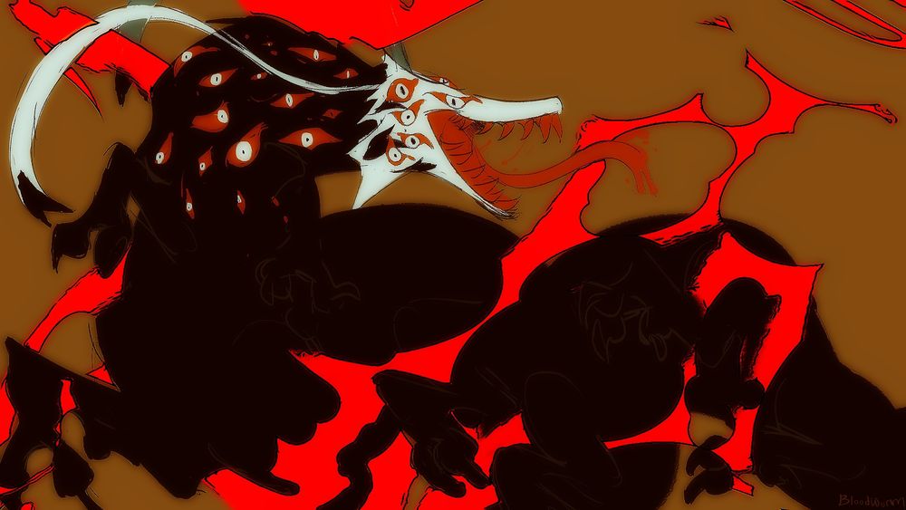 A drawing of my oc fenrir with fire like sparks around him and a dingy yellow background. He is covered in eyes.