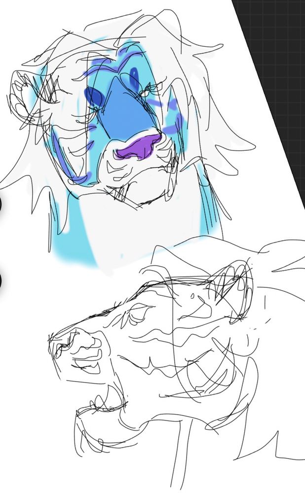 Two drawings of my sona, a blue a purple hued tiger. One is loosely colored, the second is only lines.