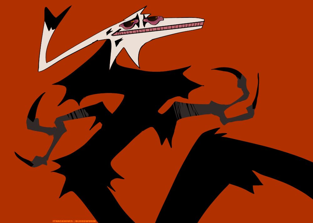 Strangely styled drawing of my oc fenrir against a red background