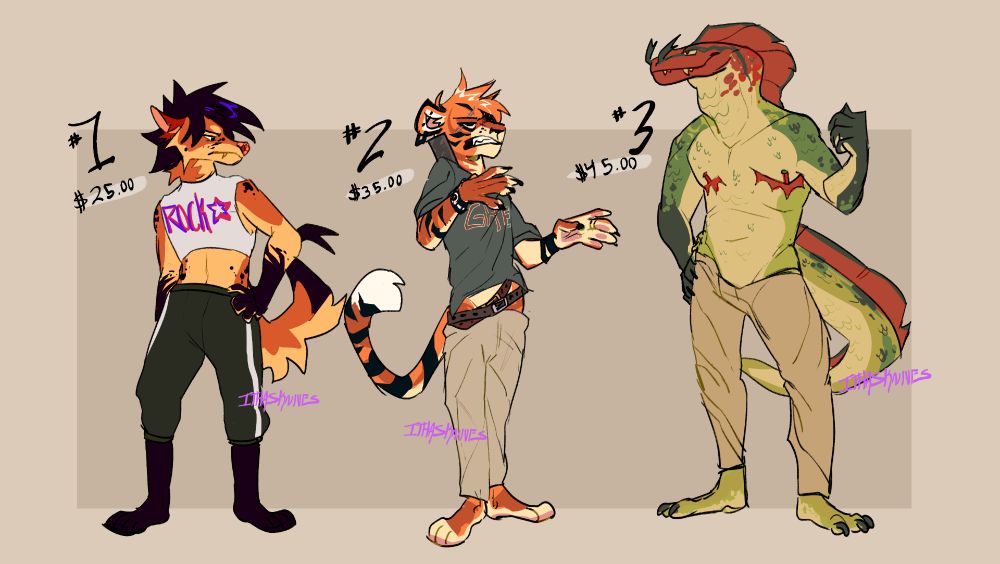 From left to right: An orange and black anthropomorphic wolf wearing a tanktop and sweatpants, an anthropomorphic tiger  in a loose shirt and pants,  an anthropomorphic eel in long khakis.