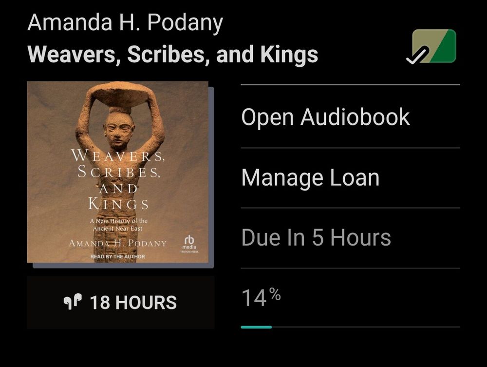 Screenshot showing I have a book due in 5 hours but it's an 18 hour audiobook. The book is weavers scribes and kings 
