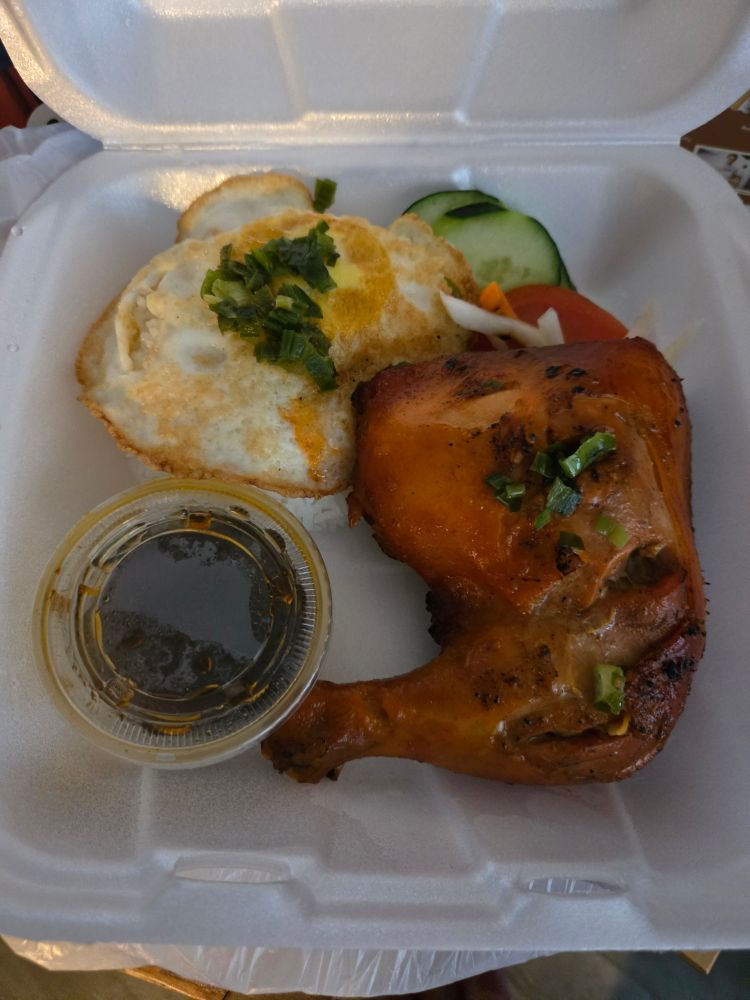 A styrofoam container containing a fried egg and a leg of chicken 