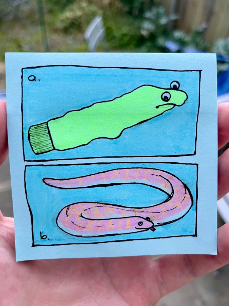 Post it note drawing with two panels, the first has a fluorescent yellow sock puppet with googly eyes and the second has a pink Kenyan Sand Boa, also with googly eyes. It is poorly merging two jokes, the Office “corporate wants you to find the difference between these two pictures” and the joke that Kenyan sand boas look like sock puppets.