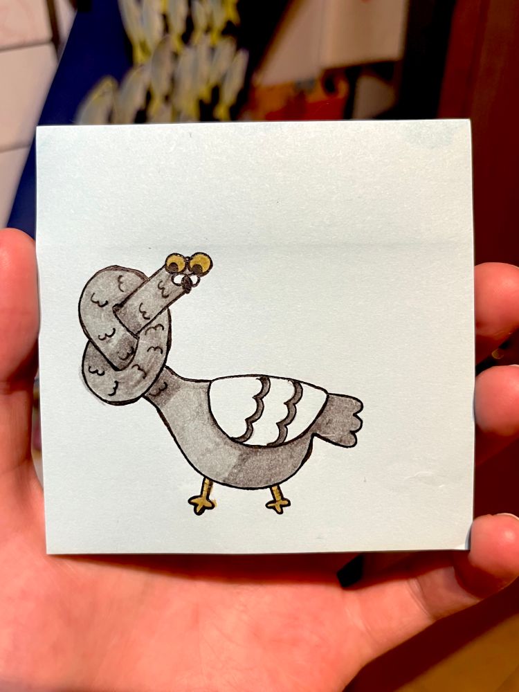Post-it note drawing of a cartoony pigeon with an extremely long neck and googly eyes. Its neck is tied in a very neat knot.