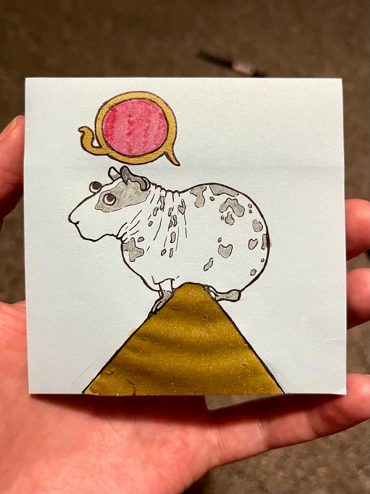 Drawing of a hairless and wrinkly guinea pig with googly eyes sat on the top of a pyramid with an Egyptian-style halo floating above their silly little head.