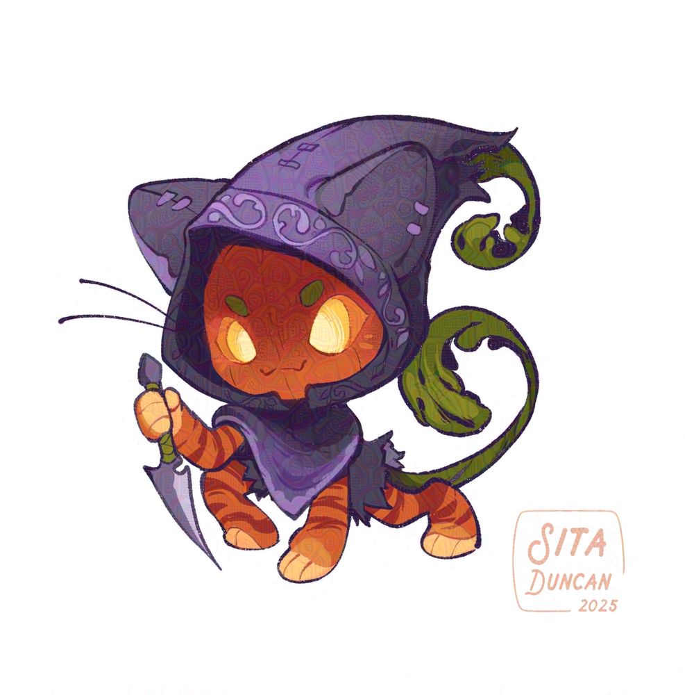 Illustration: A pumpkin kitty leshy with a smug smirk on their face. They wear an eared cloak, and have a pumpkin vine tail. A dagger is held in one paw.