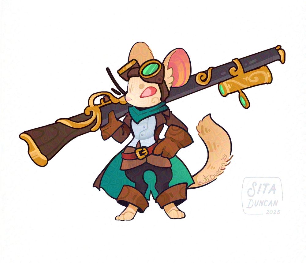 Illustration: A ratfolk artificer with brown leather goggles with green lenses, a massive, elegant sniper rifle over one shoulder, and large leather gloves. She has a fluffy tail and a teal scarf on. She looks ready for anything!