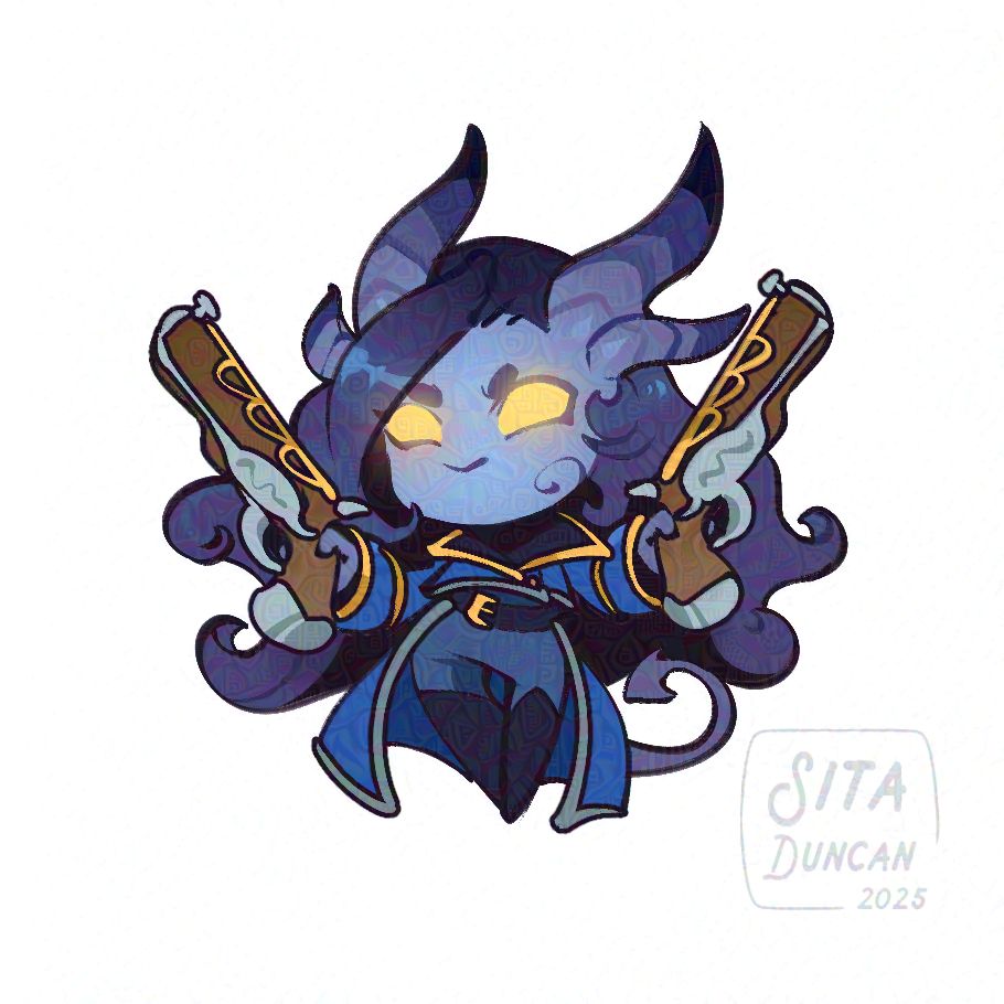 A pale blue coloring tiefling with two brown and golden pistols. She has a mischievous and intense smirk on her face.