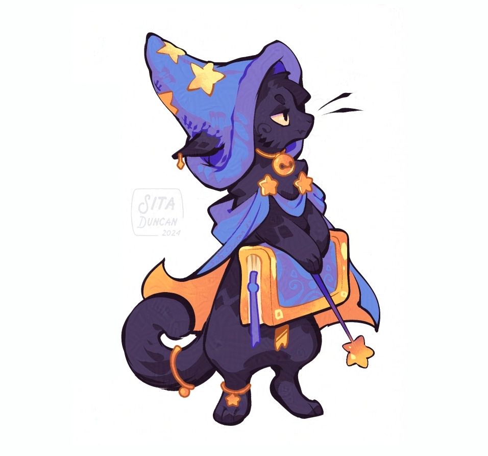 Illustration of a black kitty with relaxed yellow eyes, a pointy hat and large tome. Be they witch or wizard?