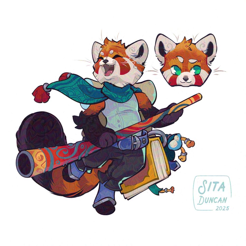 Illustration: a red panda dressed for adventure, holding a didgeridoo and grinning widely