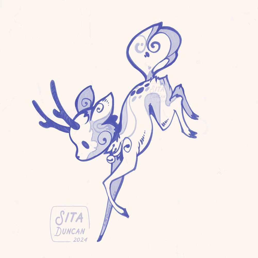 Illustration: Twig the deerfox from Hilda, mid-jump and landing gently on one front hoof. Drawn in soft greys, blues and white.