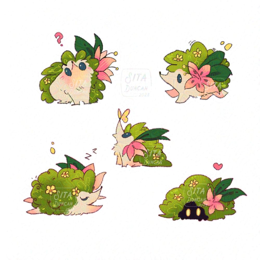 Illustration: A little shaymin pokemon in various poses. Walking, sitting confused, with a butterfly on their nose, flopped on their belly, hiding in their little bush self. 