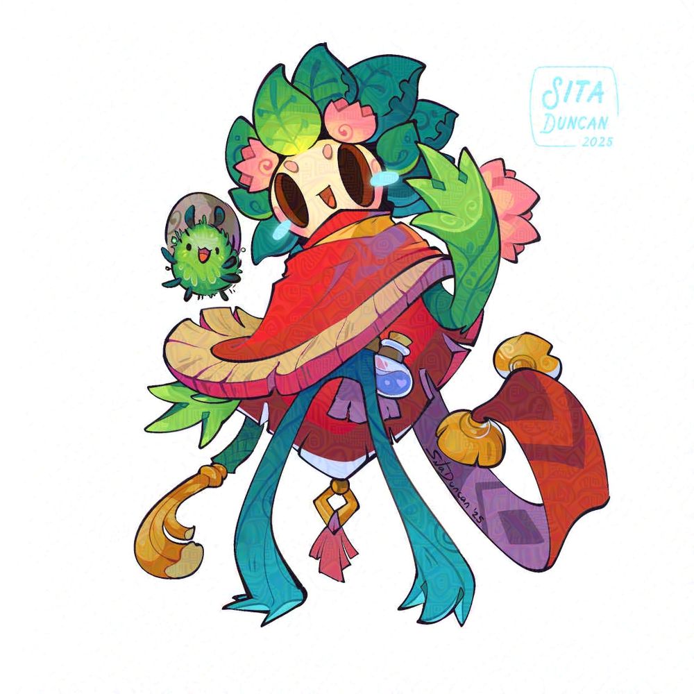 Illustration: Chaka the gourd leshy and Rovabug the mossbug are grinning hugely and enjoying life. Chaka has a tan head, green and teal skin, and a bright red poncho. Pretty pink flowers sit on her head and one sits on her wrist.