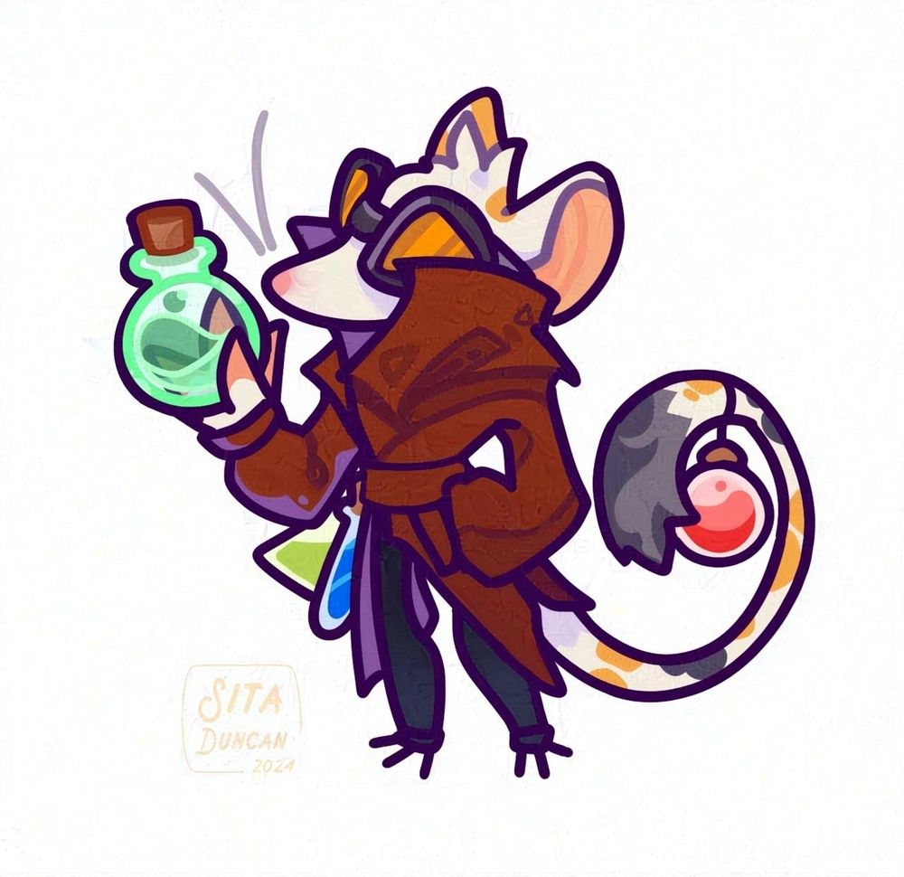Illustration: a calico colored rat in a brown trenchcoat, wearing goggles and a holding a bright teal potion up.
