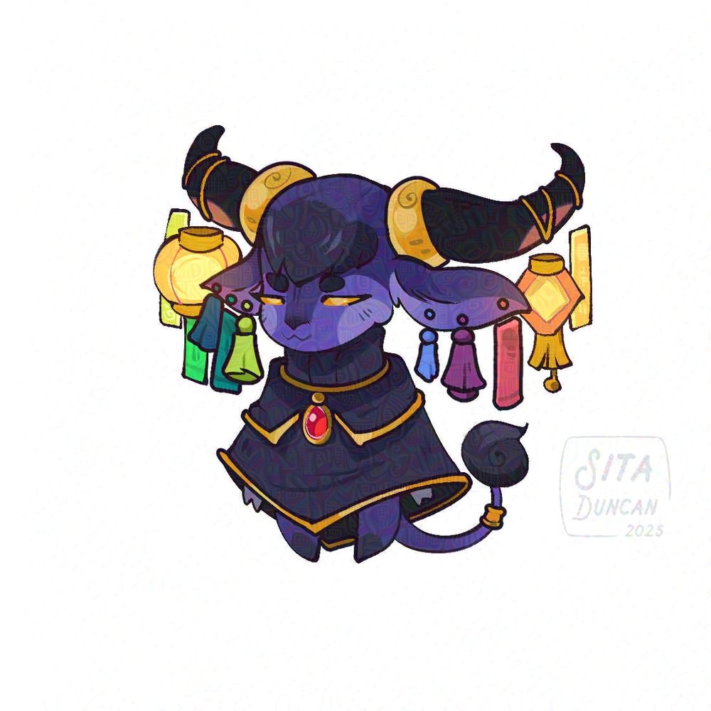 Illustration: Water buffalo - a traveling trader with wide horns adorned with trinkeys and charms and paper lamps.