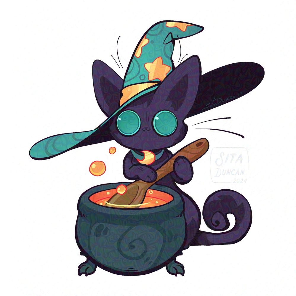Illustration: A wide-eyed black cat stares while stirring a cauldron. They wear a large, teal witch hat and have a tail that curls cutely. There are no thoughts behind those eyes.