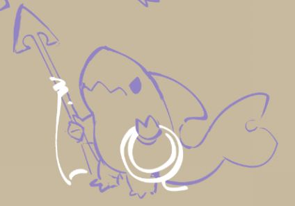 work in progress sketch of an angy little sharkfolk with a harpoon