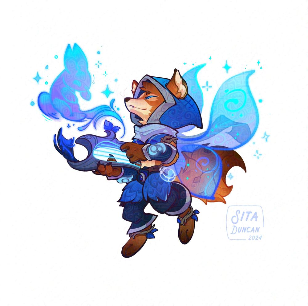 Illustration: Night Fae Vulpera - a lovely orange and tan fox dances about with magical wings of blue, a mystical harp and a magical bunny familiar. They wear a bright blue hood, dark blue bracers and pants with feathery thigh coverings.