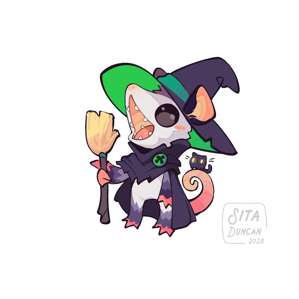Illustration: A little witch opossum with a black and green hat, a broom, and a tiny little cat familiar!
