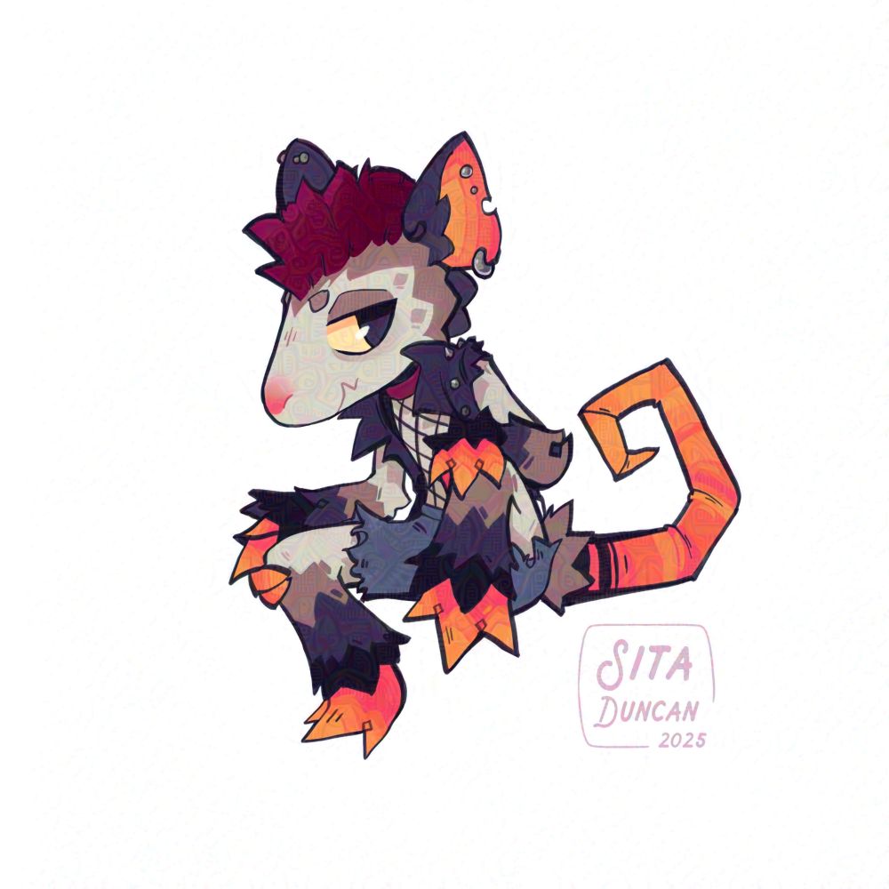 Illustration: A punk opossum with a burgundy moehawk and several earrings, smiles assuredly while sitting.