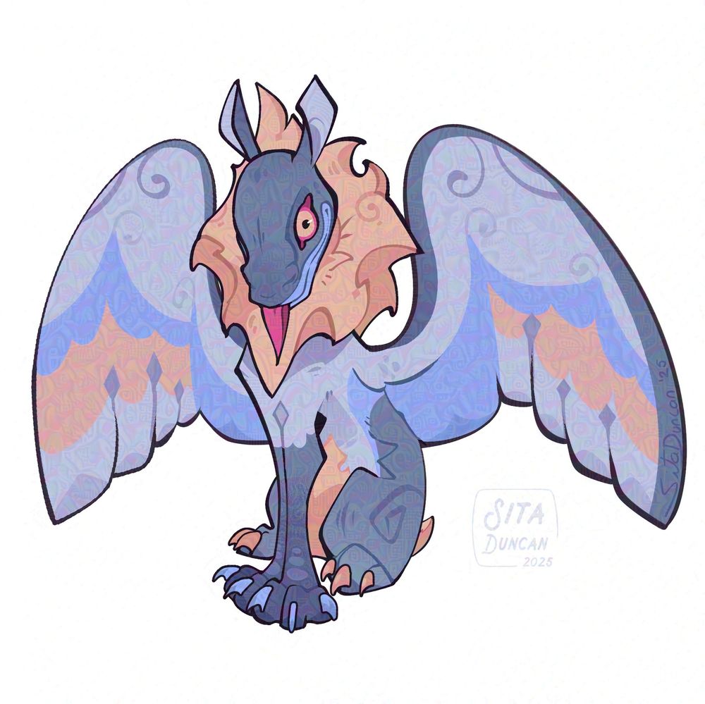 A pale colored and stylized gargoyle with a tongue blep