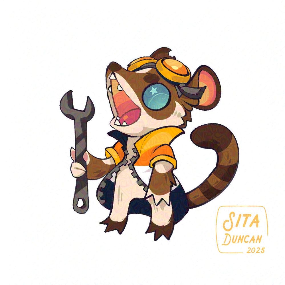 Illustration: A happy little fella with a long, stripy tail, grins hugely.