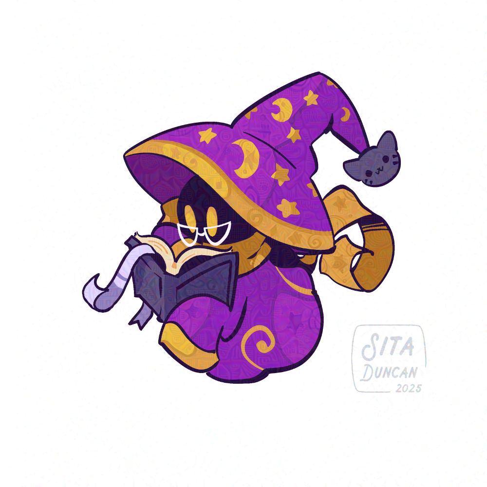 A purple and gold wizard in a big hat and with big sleeves. Reading a tome 