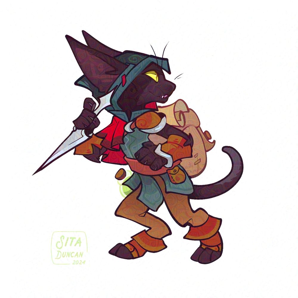 Illustration: An angular black cat rogue skulks through the frame, back adorned with a travel sack and a rolled scroll. A teal hood has long, pointy black ears protruding from it, and a sharp dagger is held in one hand.