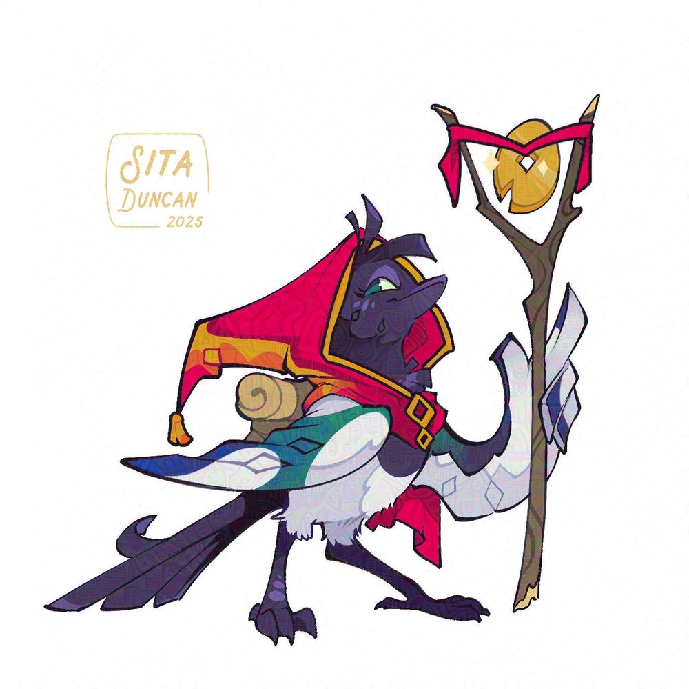 Illustration: A magpie sorceress with a bright red, hooded cloak, smiles mischievously while proudly holding a stick with a shiny coin on it.