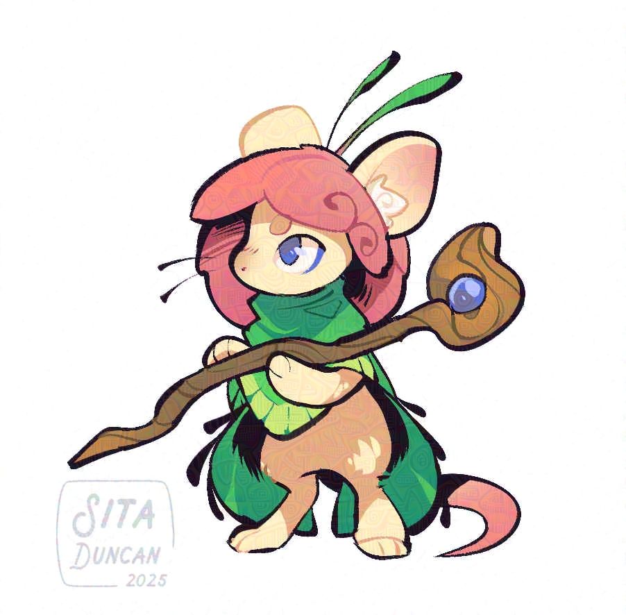 Illustration: A soft cream colored mouse with lotus pink hair and a lilypad style cloak. They wield a staff, ready for adventure!