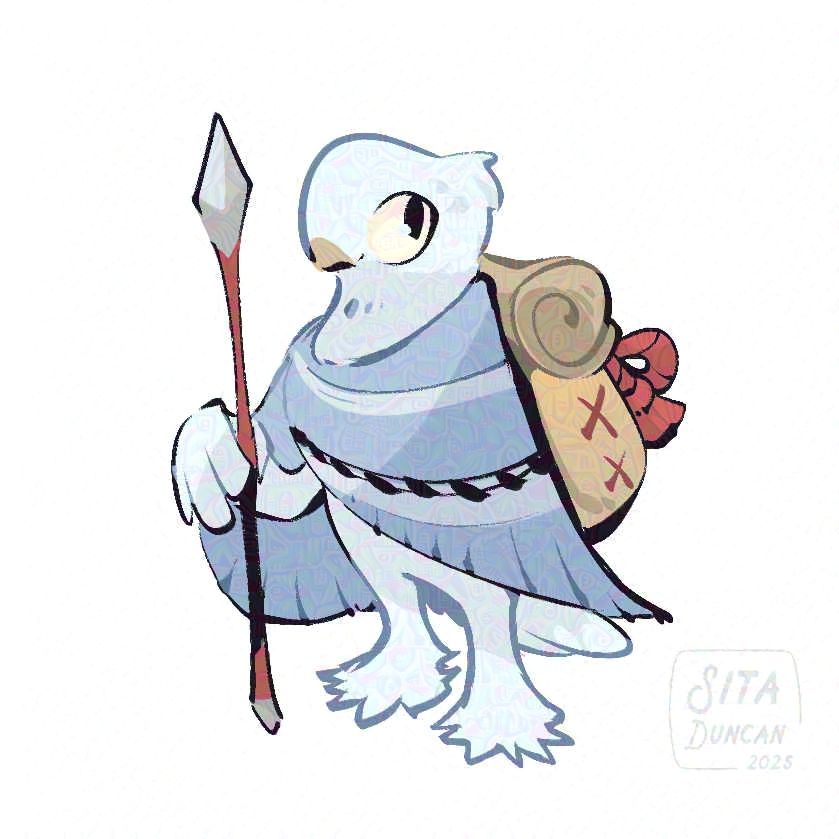 Illustration: A pale and fancy pigeon adventurer equipped with a spear and a travel pack.