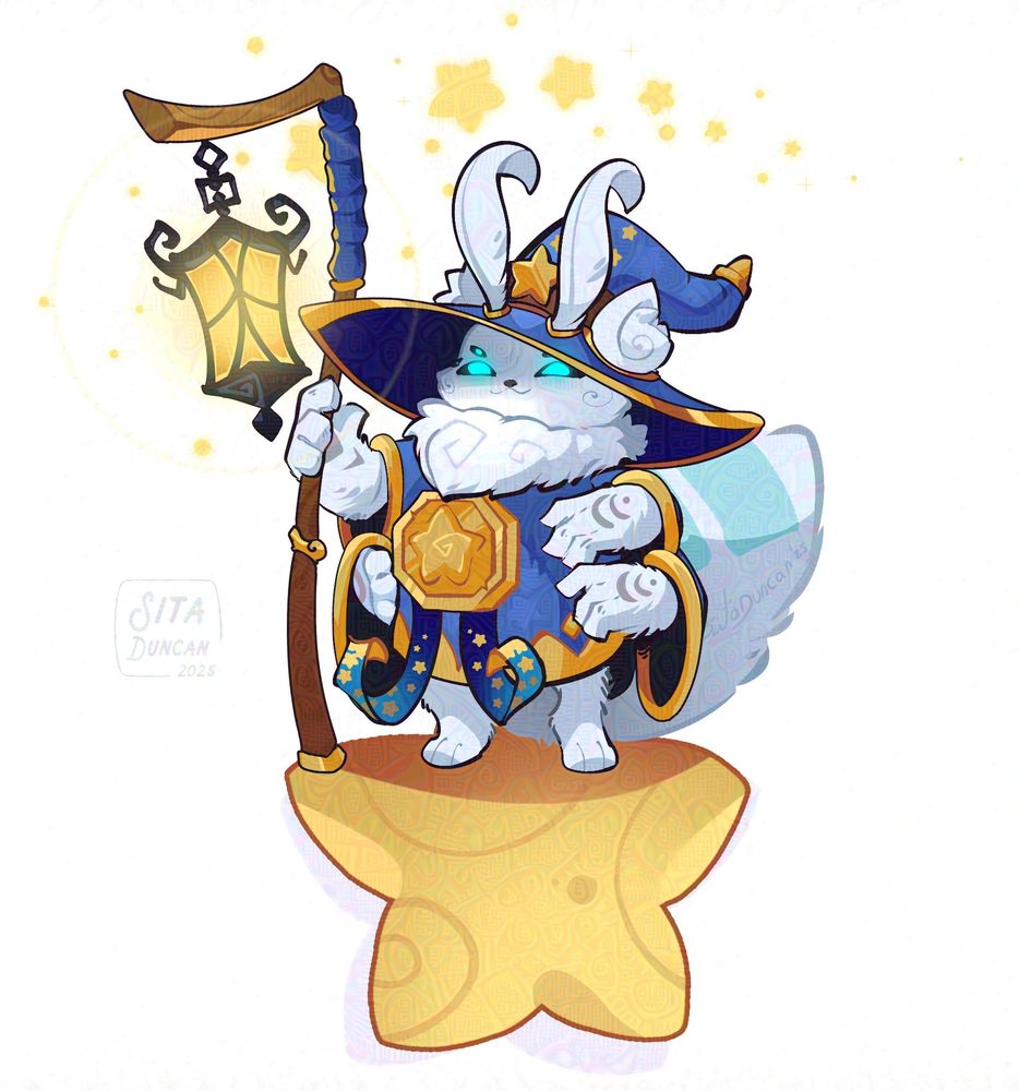 Illustration: Spoth the spider-moth stands happily on a large star. He has four arms, two fuzzy antennae, blue wizard robes and a lovely lantern staff.