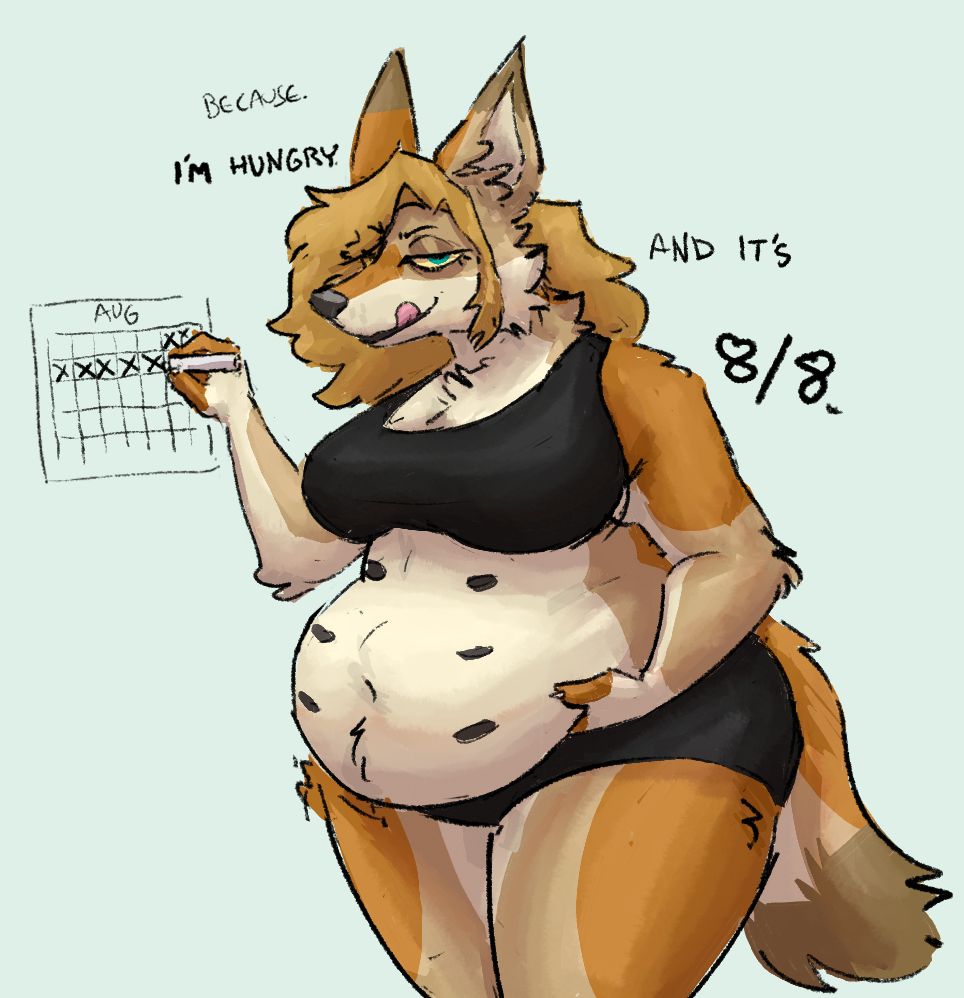 a chubby coyote girl marking off the 7th of august on a calendar,  one paw gripping her her tummy. she stares at the viewer licking her lips in preparation for 8/8 (Vore day)