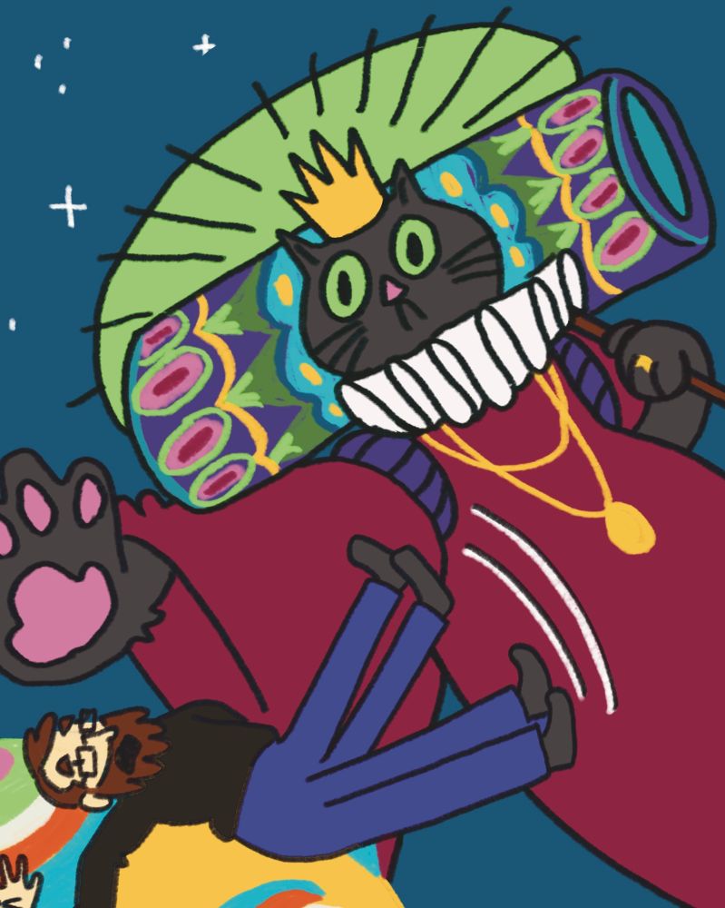 Cartoony drawing of a black cat dressed as the King of All Cosmos from Katamari Damacy 