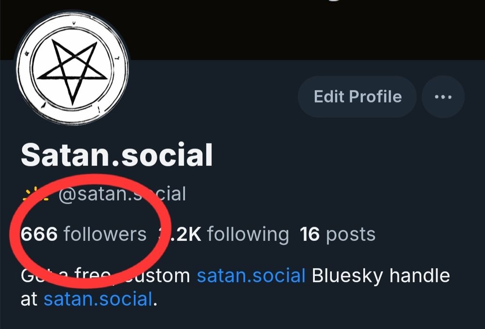 The satan.social profile with a highlight around "666 followers"