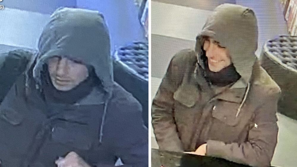 This dude is wearing a green/brown coat with a grey hood, his backpack strap is black, and his coat has pockets absent on the shooter's coat