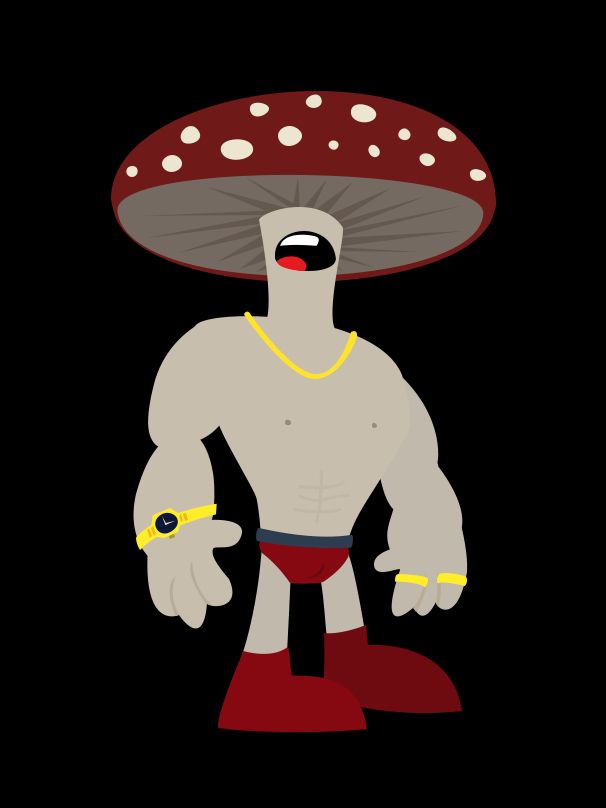 A cartooon image of Funguy the Fungi, a muscular mushroom man. He’s got gray skin, a red mushroom cap head with no eyes or nose and a mouth on the stalk/neck just beneath. He’s muscular and fit with red shorts and boots, and wears a lot of gold bling.