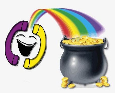 ein goldtopf unter einem regenbogen. der regenbogen führt zu einem emoji zwischen zwei telefonhörern