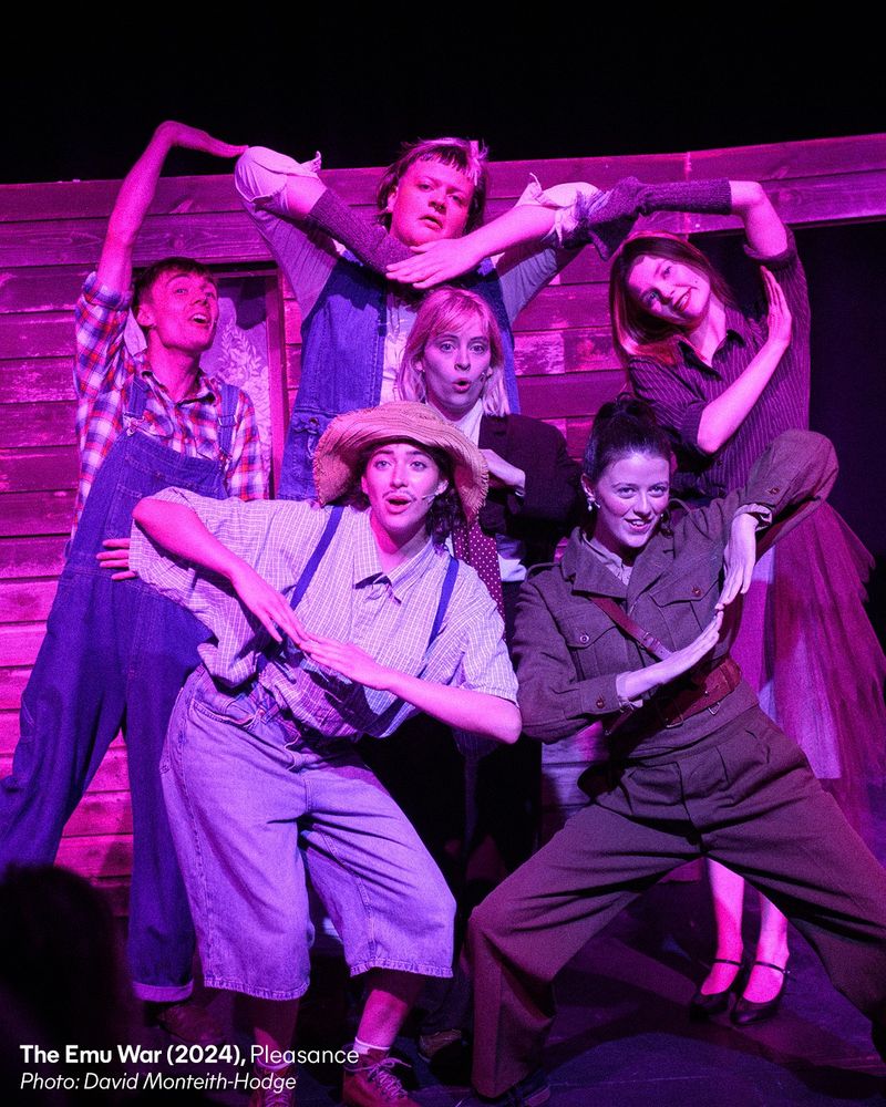 A cast of Fringe performers strike a pose onstage. Credit text: 'The Emu War (2024), Pleasance. Photo: David Monteith-Hodge.'