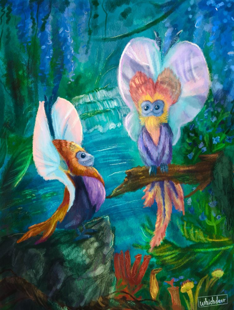 Two dapper wings doing their mating display  with their wings held above their heads. It is in a colorful children’s storybook style. 