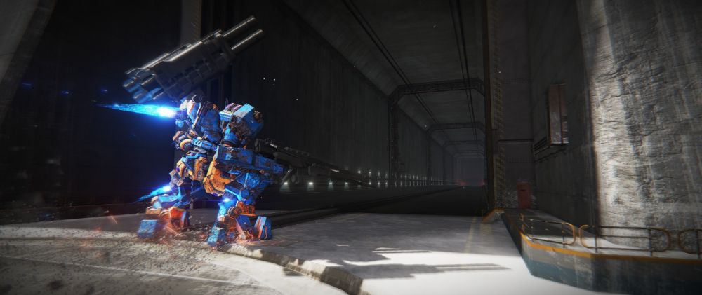 Armored Core mech flying into a dark hallway.