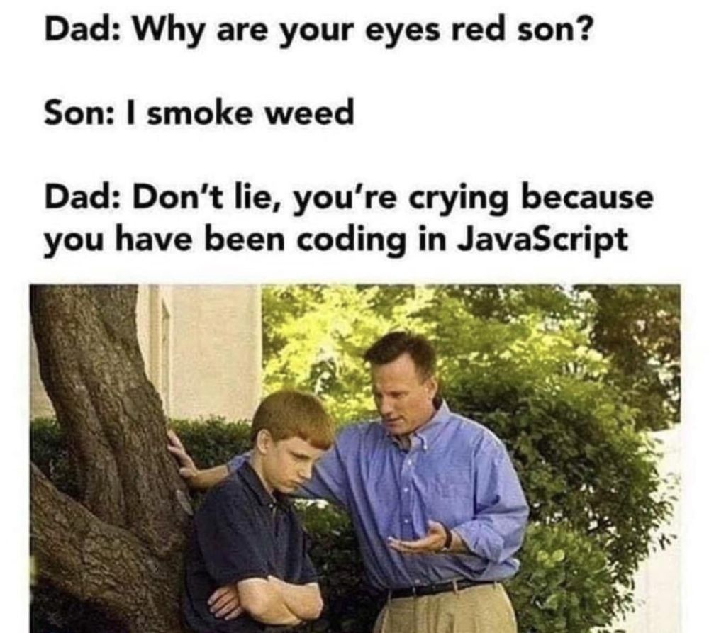 Meme. Father talking to troubled son. Dad says: Why are your eyes red son? Son replies I smoke weed. Dad replies: Don't lie, I know you're crying from coding in JavaScript