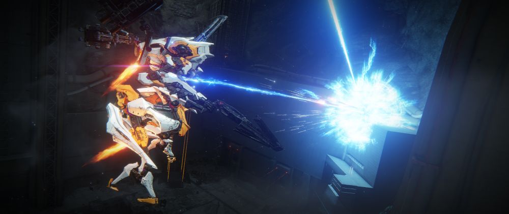 White mech blasting an enemy in a cave. Enemy explodes in a blue plasma fireball.
