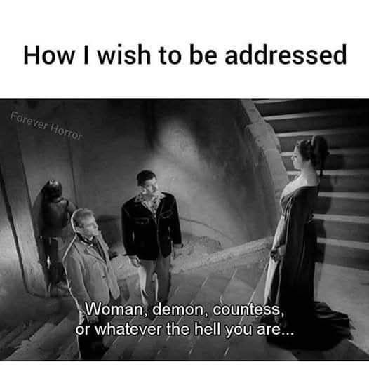 A meme, top text says "how I wish to be addressed". Bottom portion is a still from a black-and-white video: two masc figures facing off with a femme figure on a set of stairs with a suit of armour in the background. The caption reads "Woman, demon, countess, whatever the hell you are.."